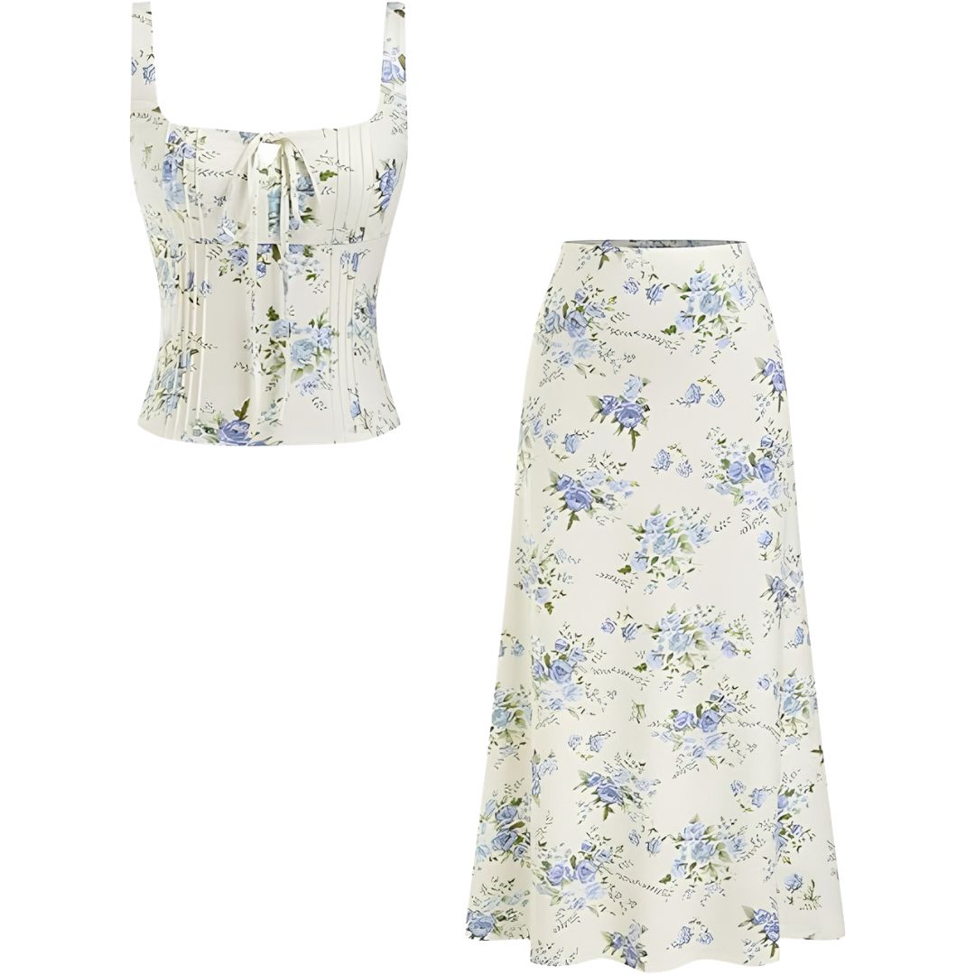 2 Piece Floral Tank Top And A Line Skirt Set With Front Tie Detail For Women