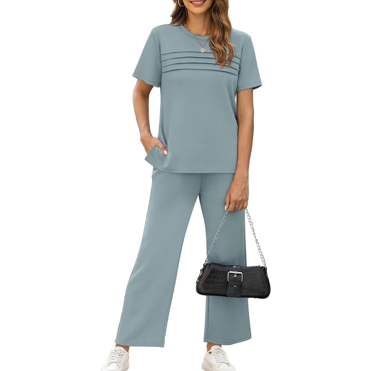 Two Piece Travel Set with Wide Length Pants For Women