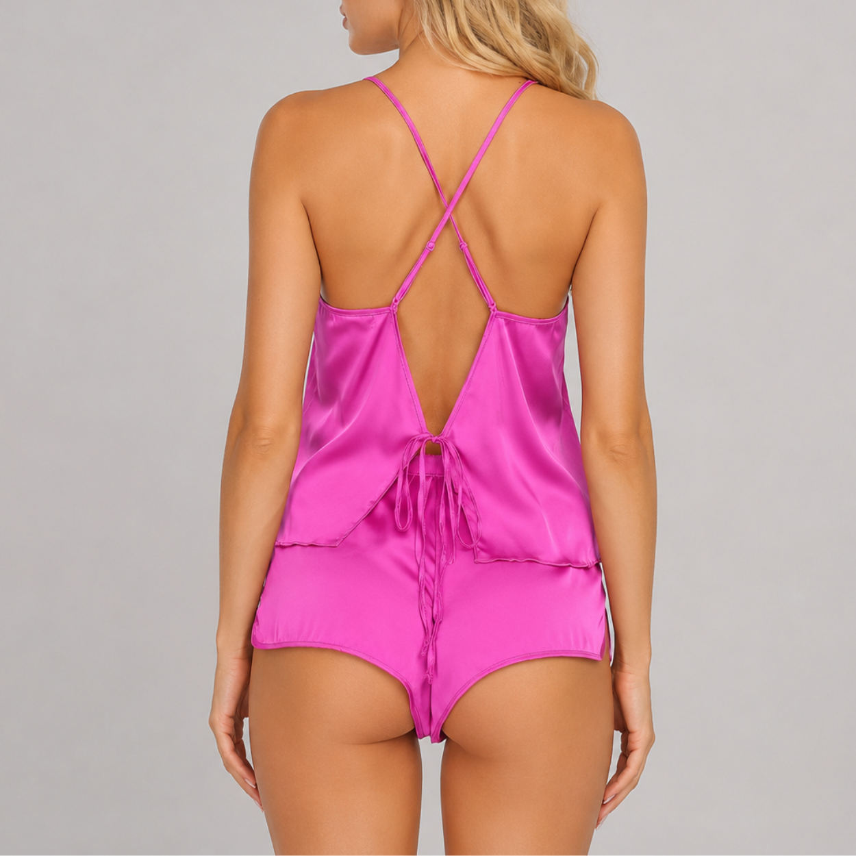 2 Pieces Backless Satin Cami Pajama Set With Shorts For Women