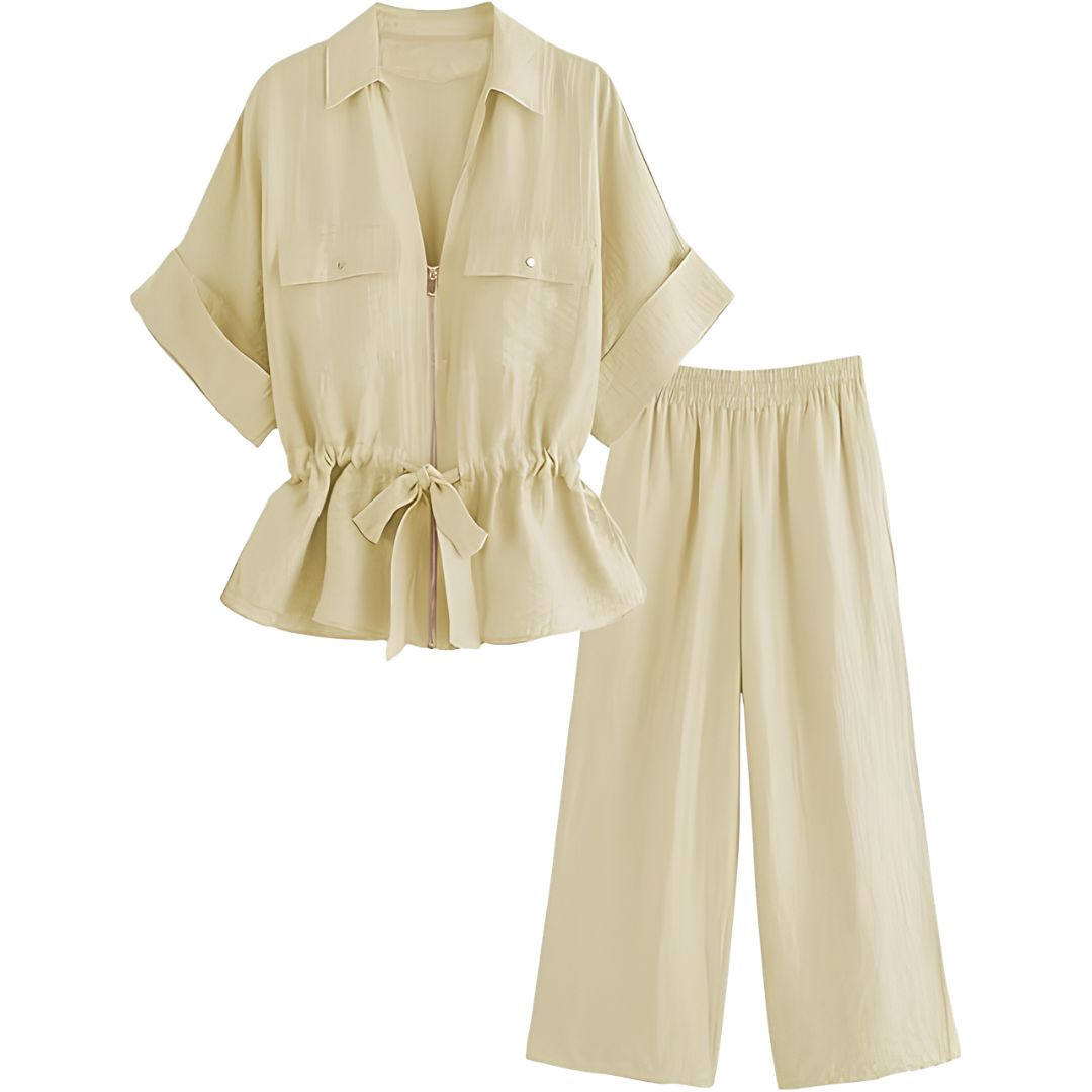 2 Piece Short Sleeve Safari Shirt With Zipper And Wide Fit Pants For Women