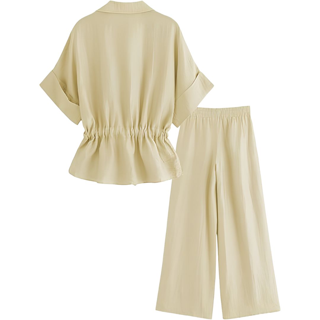 2 Piece Short Sleeve Safari Shirt With Zipper And Wide Fit Pants For Women