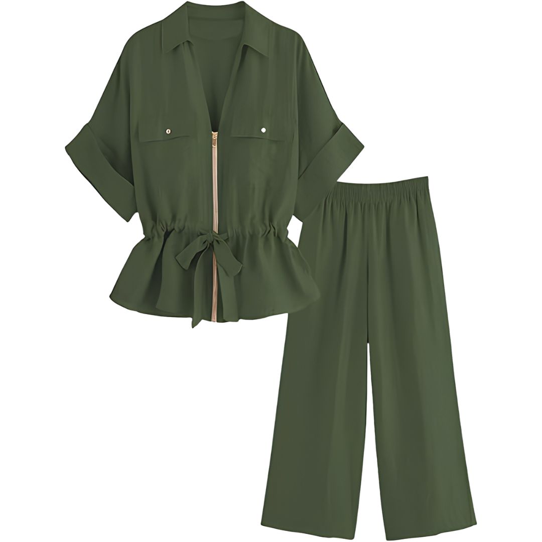 2 Piece Short Sleeve Safari Shirt With Zipper And Wide Fit Pants For Women