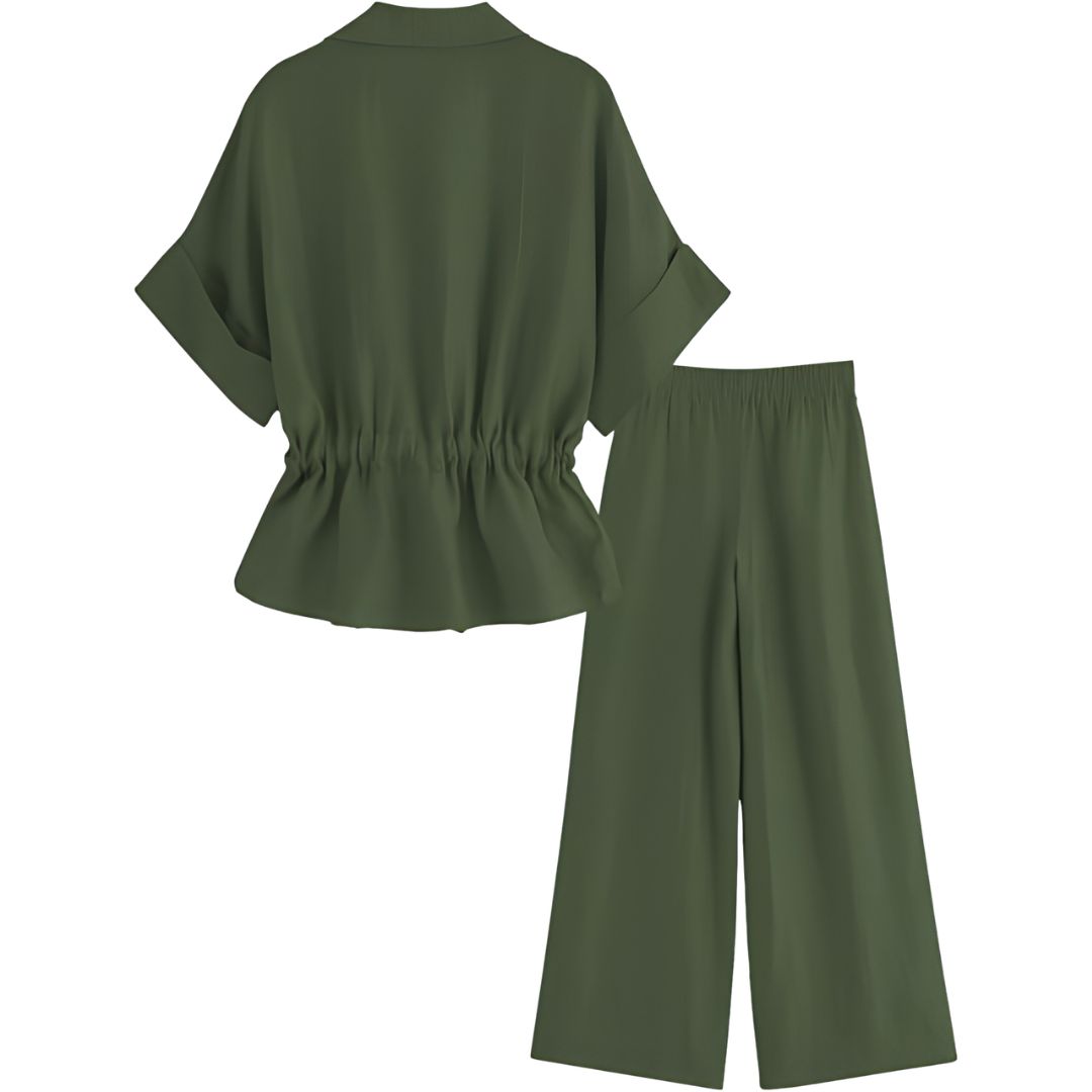 2 Piece Short Sleeve Safari Shirt With Zipper And Wide Fit Pants For Women