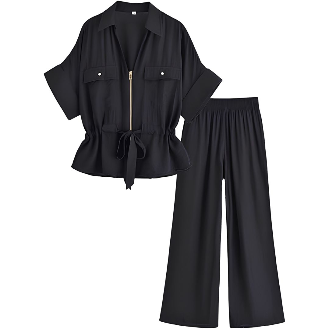 2 Piece Short Sleeve Safari Shirt With Zipper And Wide Fit Pants For Women