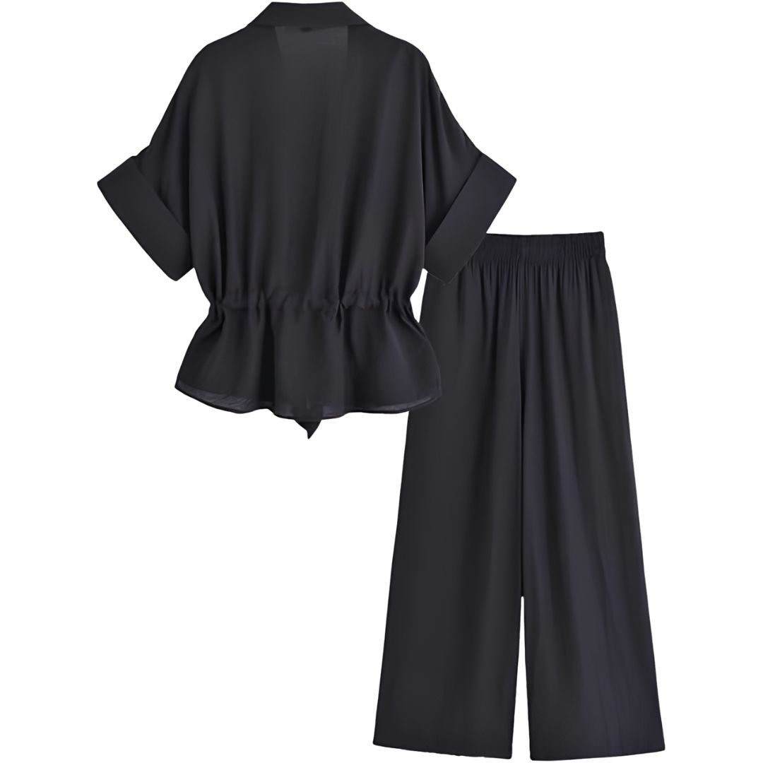 2 Piece Short Sleeve Safari Shirt With Zipper And Wide Fit Pants For Women