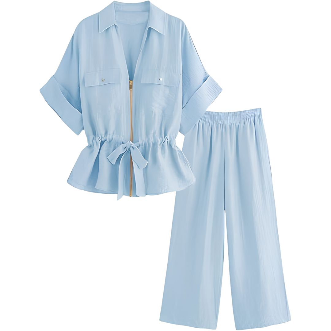 2 Piece Short Sleeve Safari Shirt With Zipper And Wide Fit Pants For Women