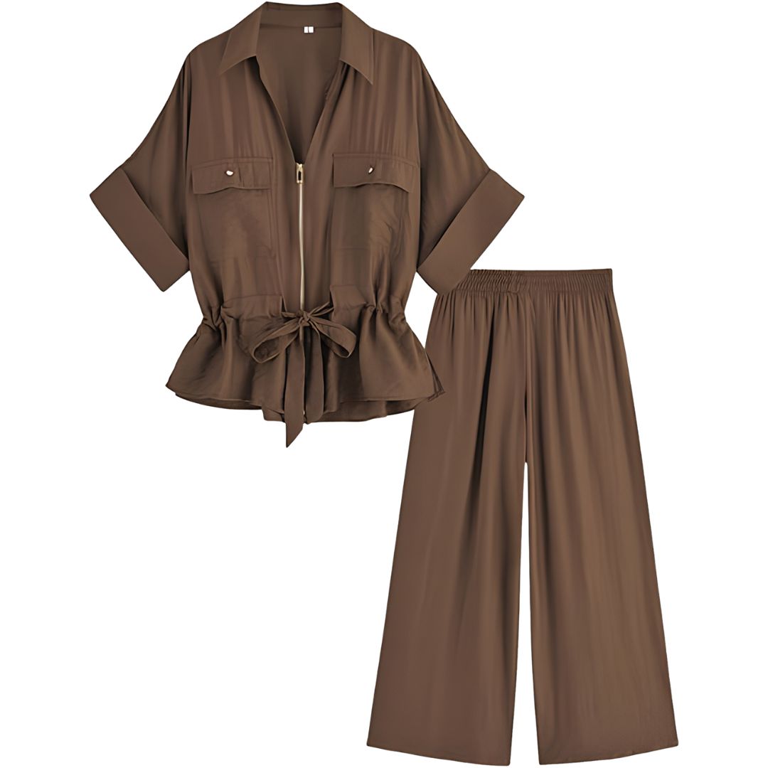 2 Piece Short Sleeve Safari Shirt With Zipper And Wide Fit Pants For Women