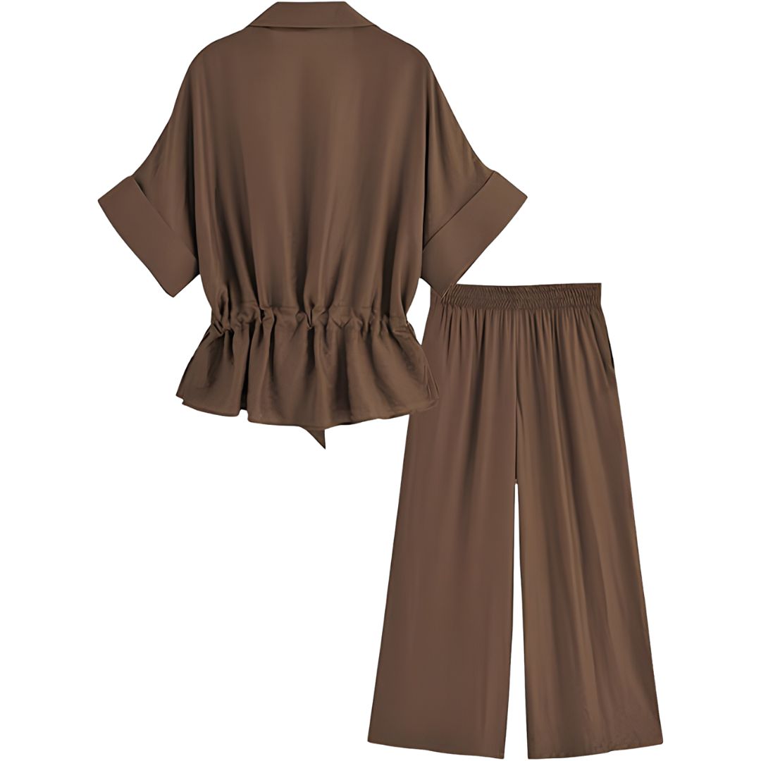2 Piece Short Sleeve Safari Shirt With Zipper And Wide Fit Pants For Women