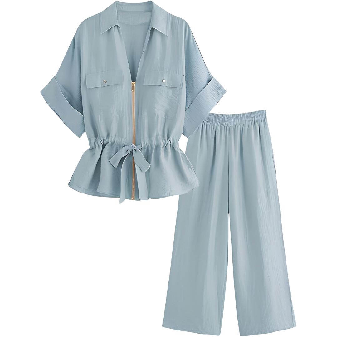 2 Piece Short Sleeve Safari Shirt With Zipper And Wide Fit Pants For Women