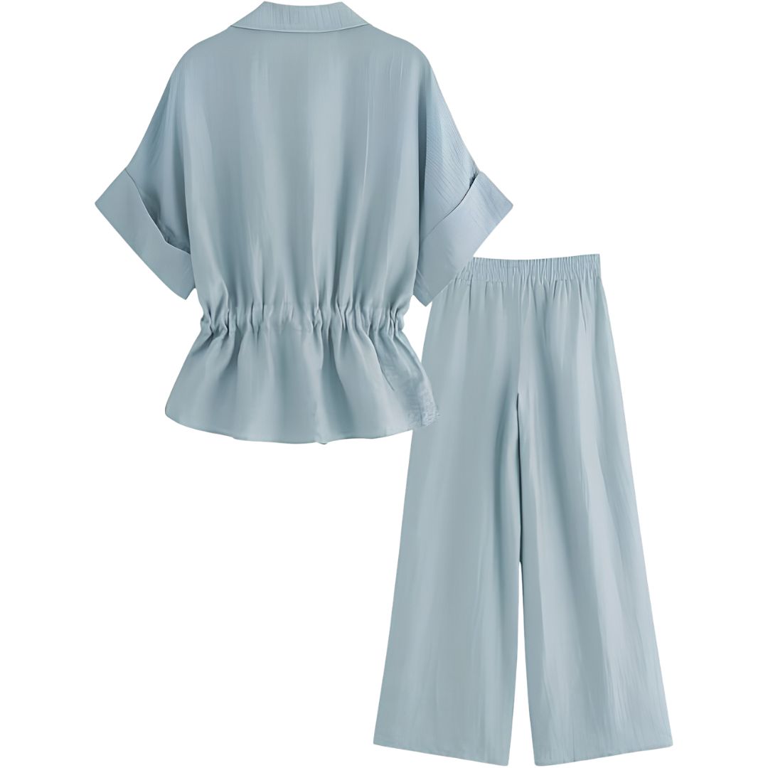 2 Piece Short Sleeve Safari Shirt With Zipper And Wide Fit Pants For Women