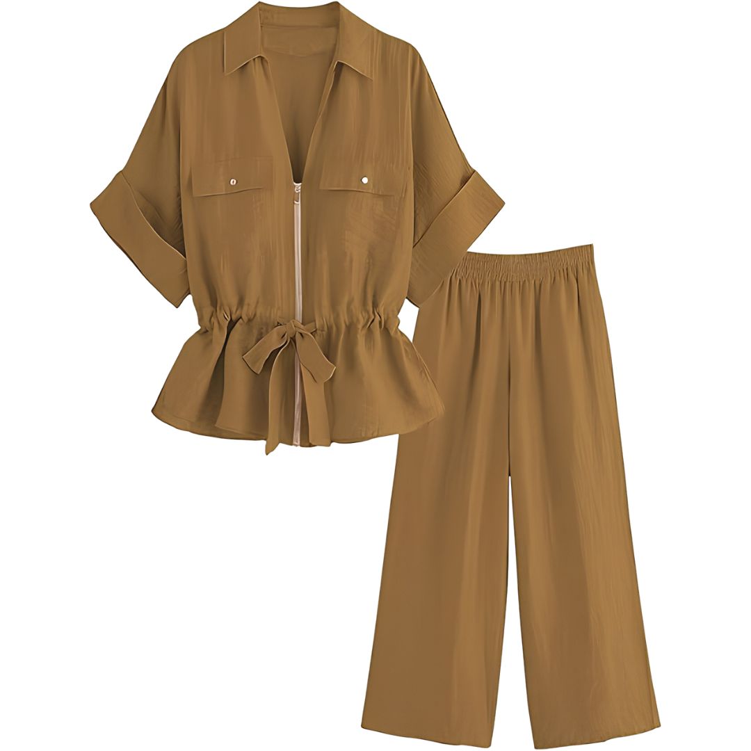 2 Piece Short Sleeve Safari Shirt With Zipper And Wide Fit Pants For Women