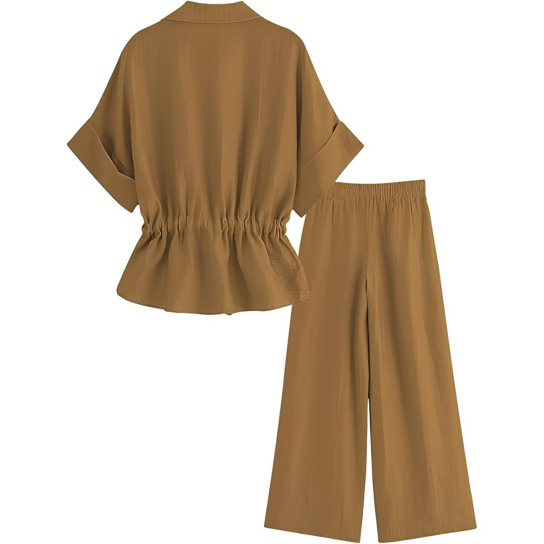 2 Piece Short Sleeve Safari Shirt With Zipper And Wide Fit Pants For Women