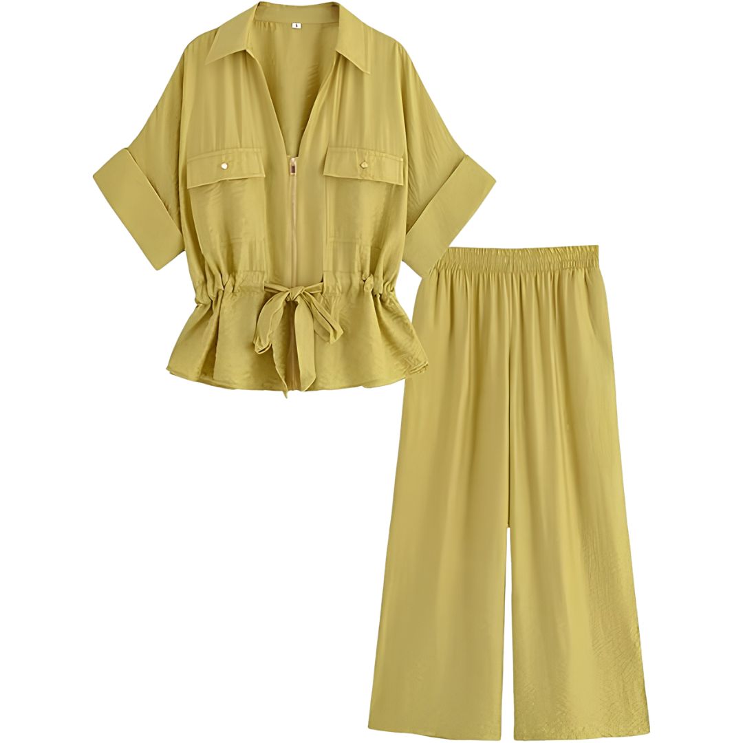 2 Piece Short Sleeve Safari Shirt With Zipper And Wide Fit Pants For Women