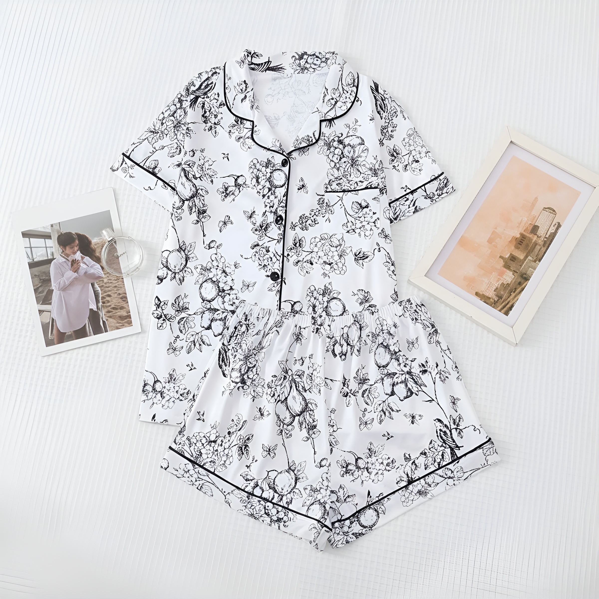 Floral Print Lapel Short Sleeve Contrast Pajama Set For Women