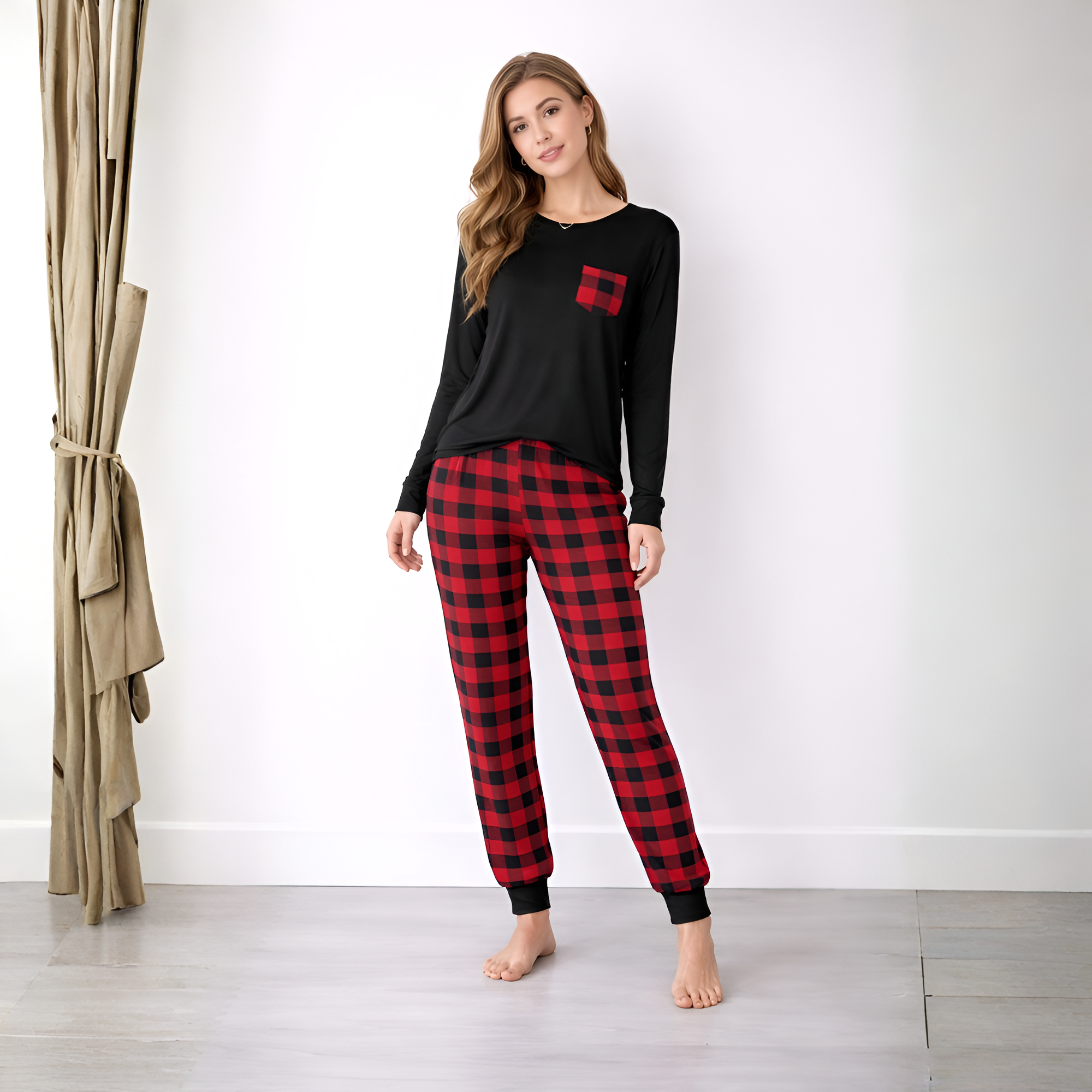 Plaid Pocket Long Sleeve Pajama Set For Couple
