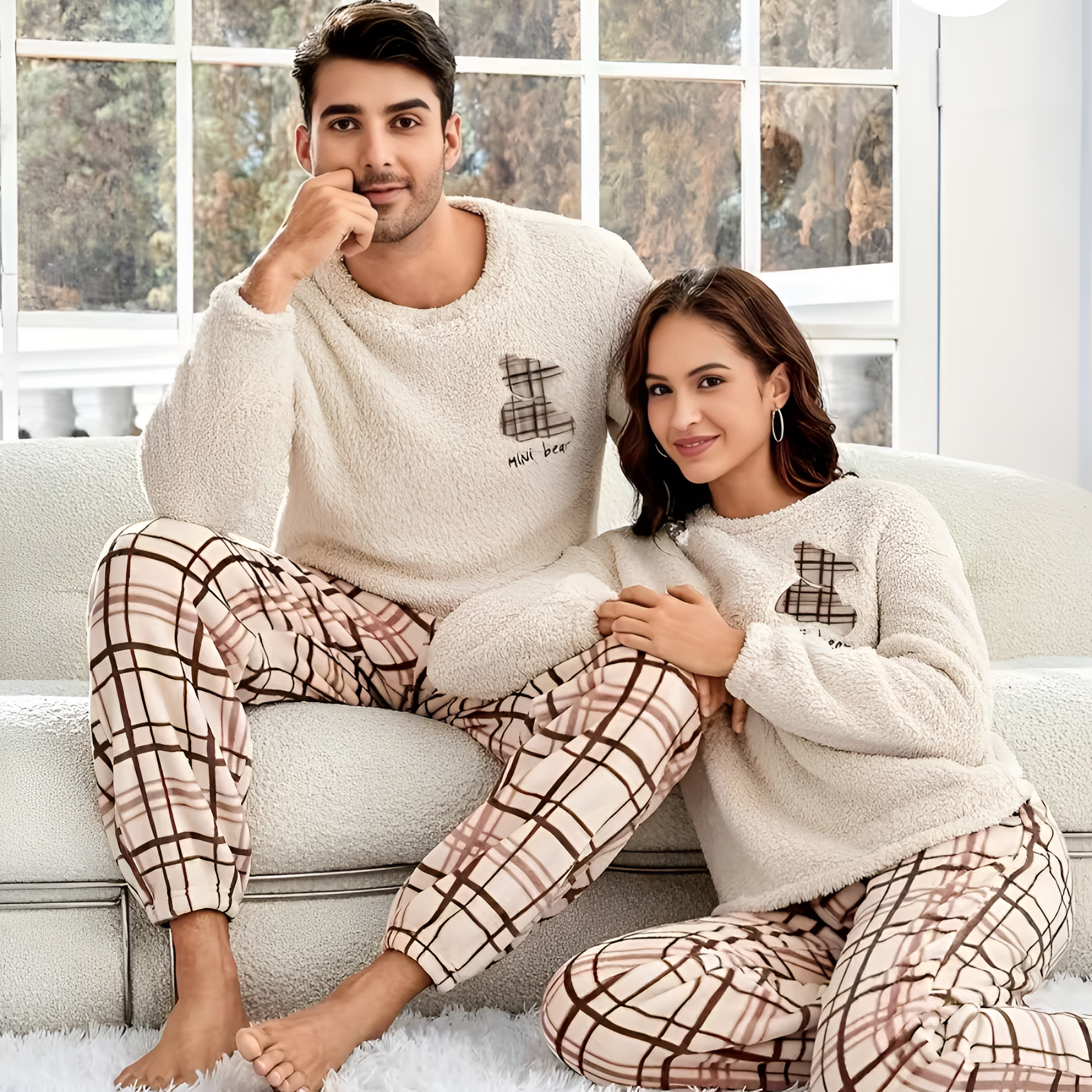 Plush Plaid Long Sleeve Pajama Set For Couple