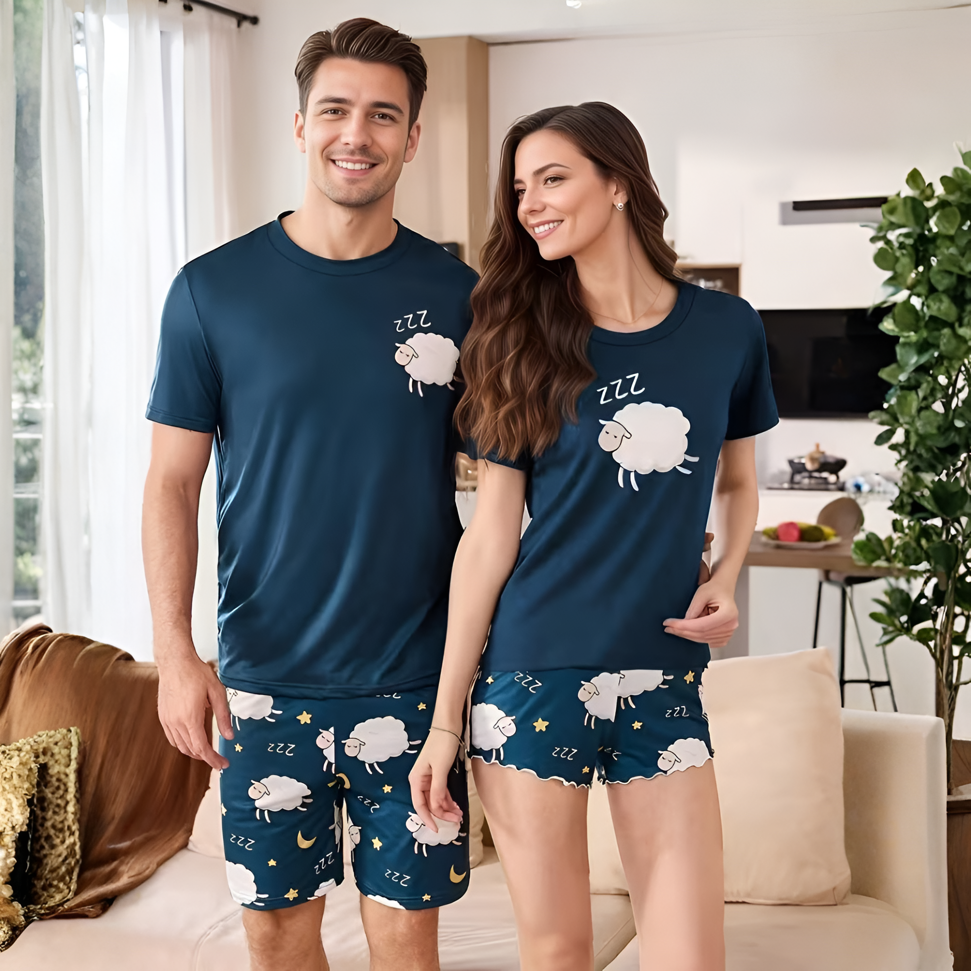 Lamb Pattern Print Couple Style Homewear Pajama Set