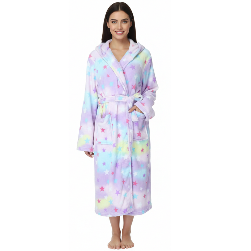Womens Robes Plush Fleece Hooded Bathrobe Thick Nightgown With Pockets Fluffy Sleepwear