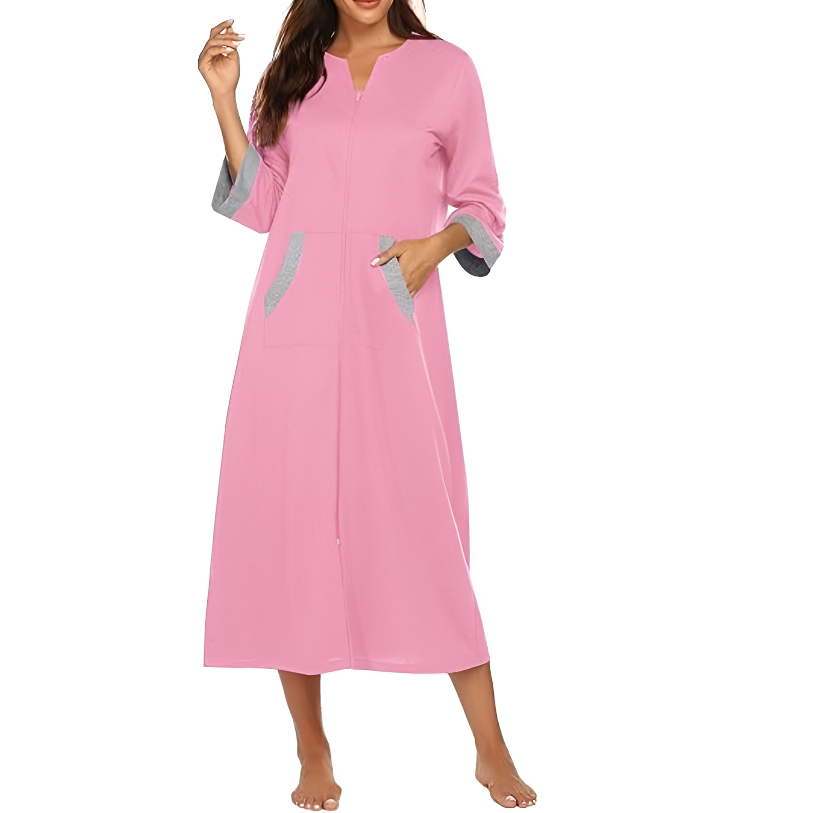 Comfortable Zip Front Bathrobe With Pockets For Women
