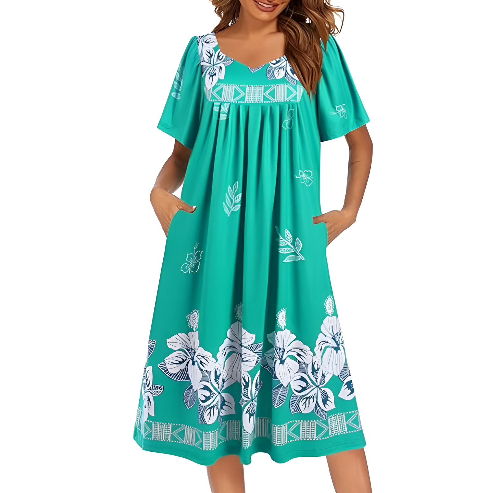 Pleated Nightgown With Short Sleeves And Pockets For Women