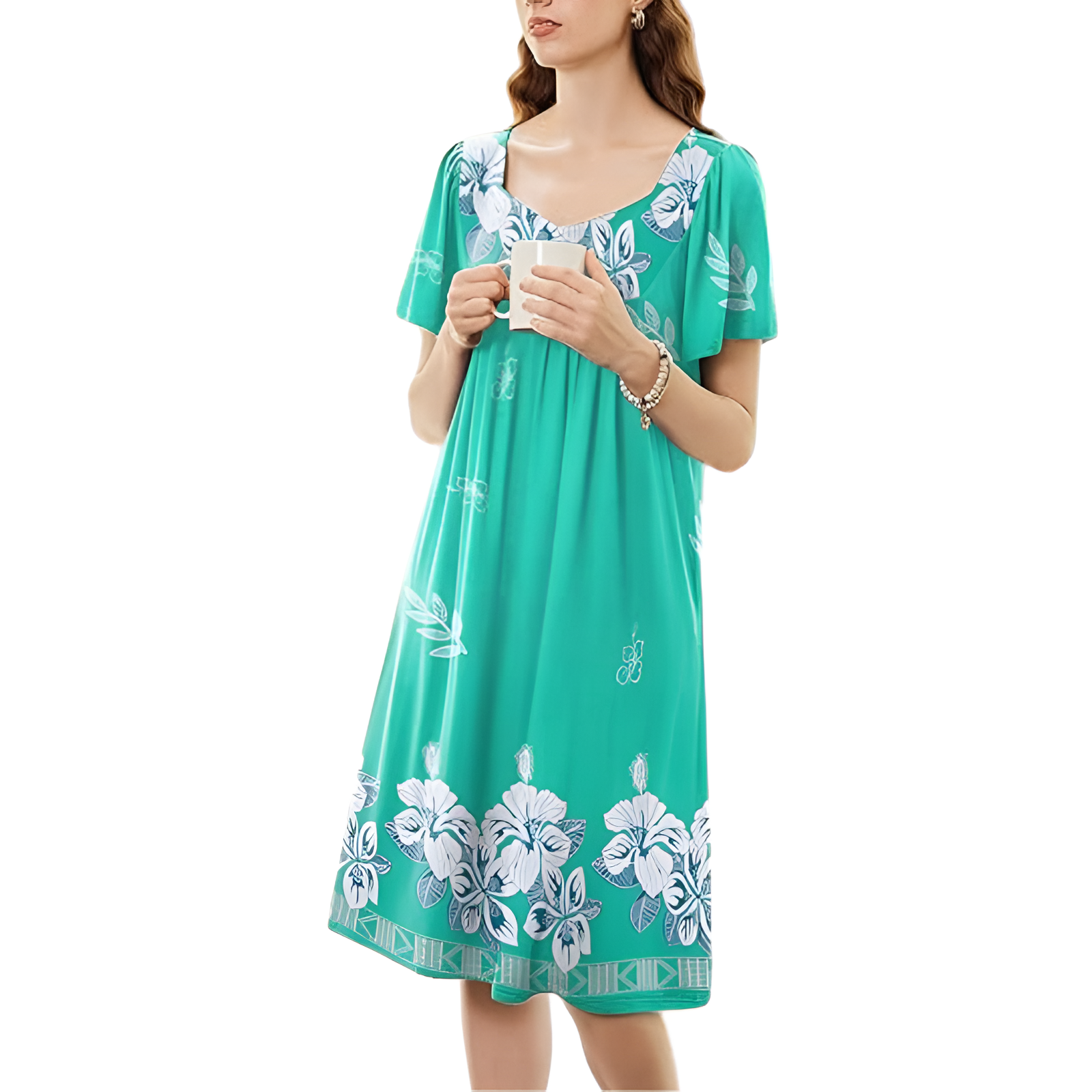 Pleated Nightgown With Short Sleeves And Pockets For Women