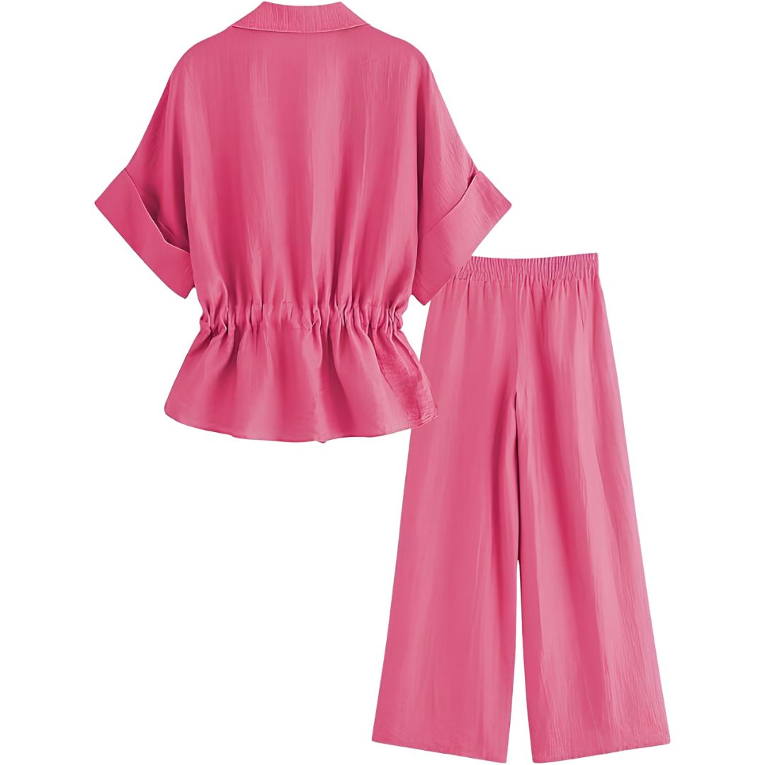 2 Piece Short Sleeve Safari Shirt With Zipper And Wide Fit Pants For Women
