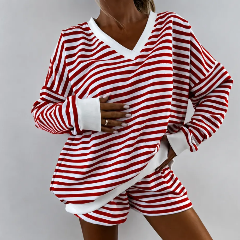 2 Pieces Classic Striped Casual Long Sleeved Shorts Set For Women