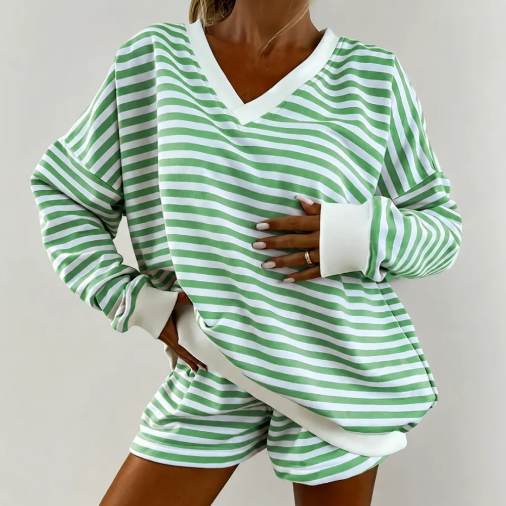 2 Pieces Classic Striped Casual Long Sleeved Shorts Set For Women