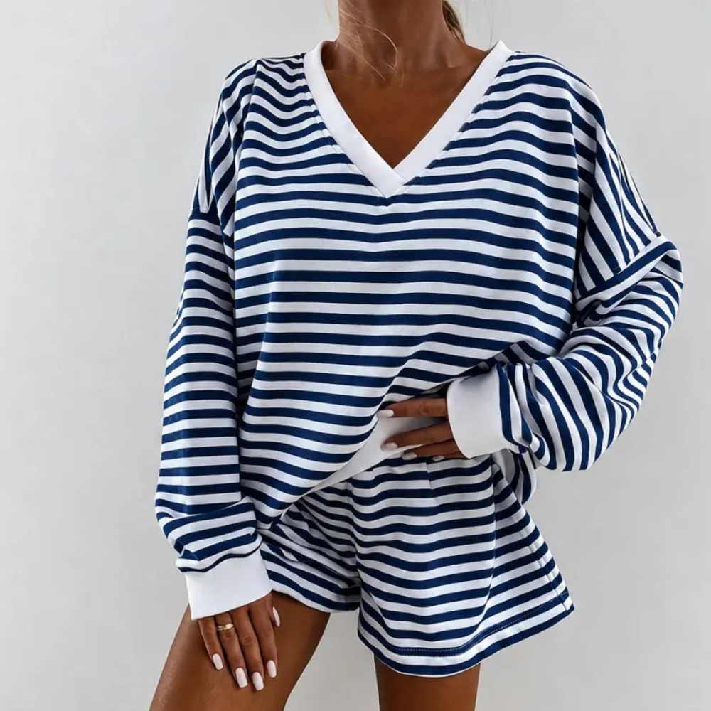 2 Pieces Classic Striped Casual Long Sleeved Shorts Set For Women