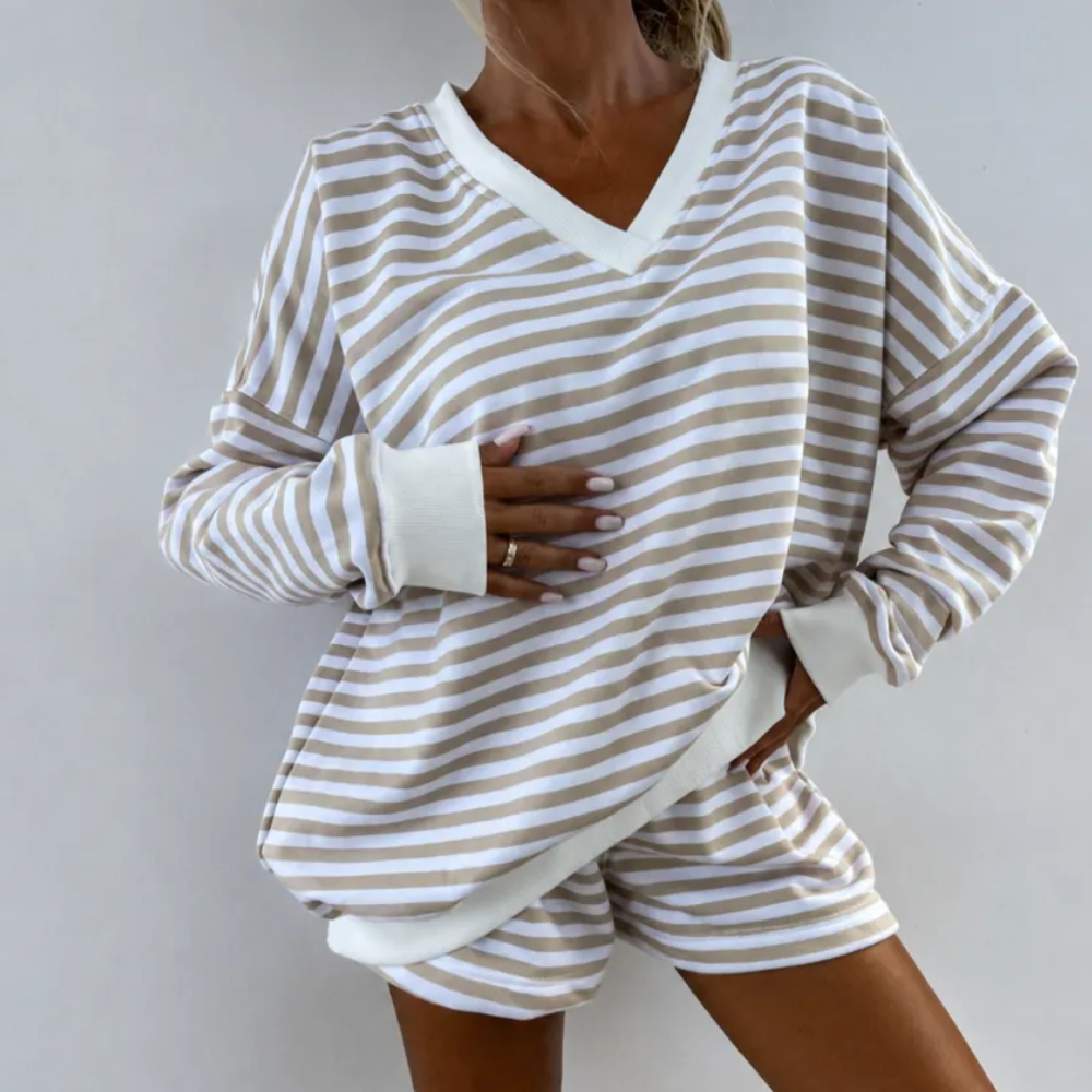 2 Pieces Classic Striped Casual Long Sleeved Shorts Set For Women