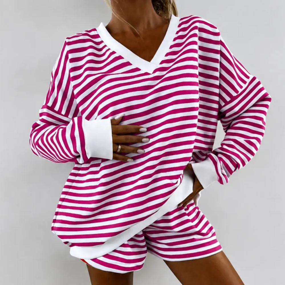 2 Pieces Classic Striped Casual Long Sleeved Shorts Set For Women