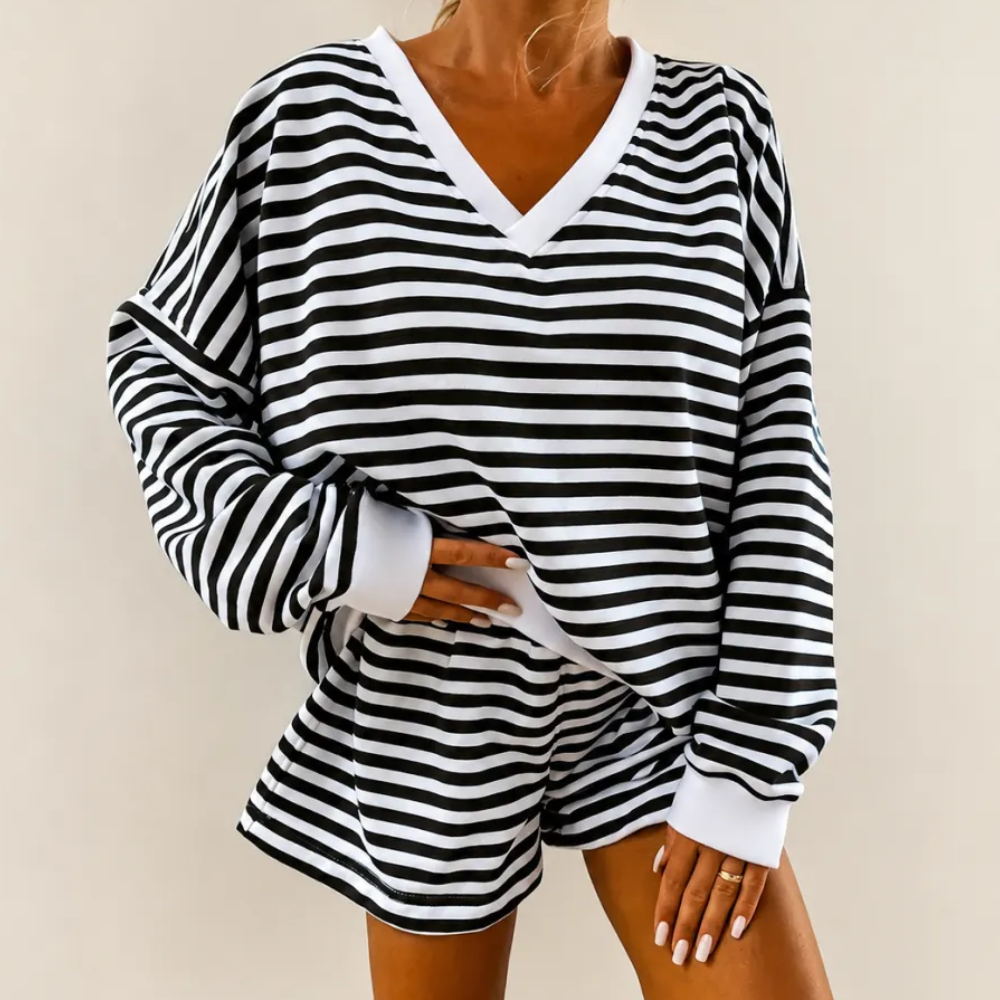 2 Pieces Classic Striped Casual Long Sleeved Shorts Set For Women