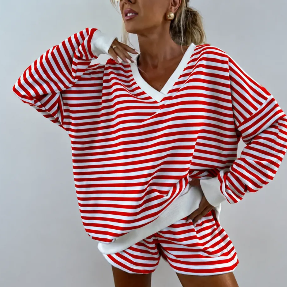 2 Pieces Classic Striped Casual Long Sleeved Shorts Set For Women