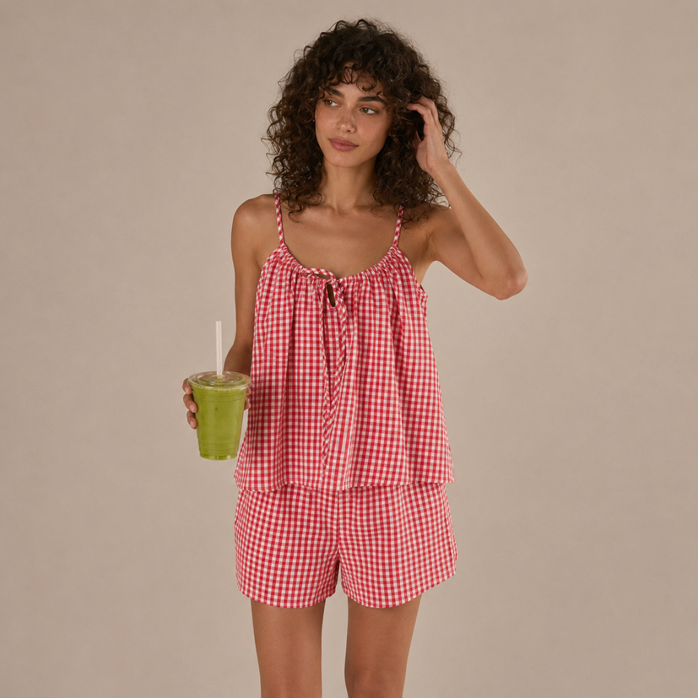 Sleeveless Vest Strap Casual Plaid 2 Pieces Shorts Set For Women