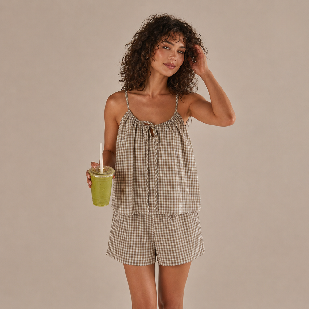 Sleeveless Vest Strap Casual Plaid 2 Pieces Shorts Set For Women