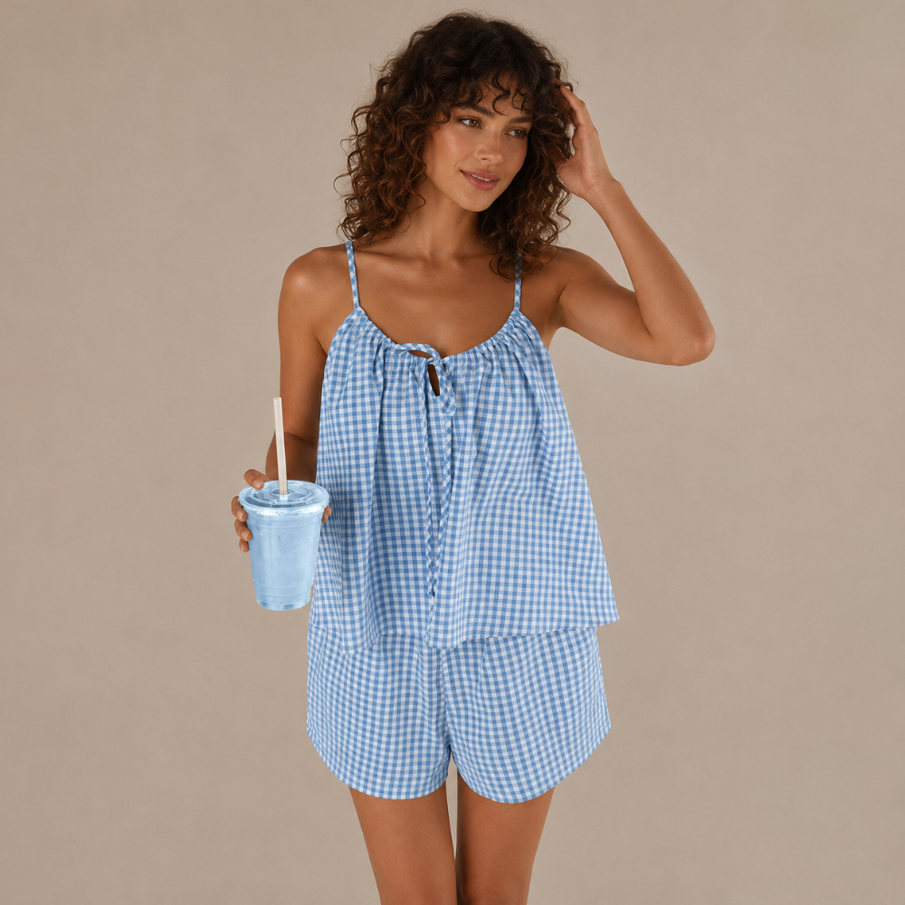Sleeveless Vest Strap Casual Plaid 2 Pieces Shorts Set For Women