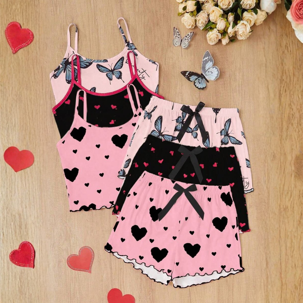 Pack Of 6 Bowknot Print Camisole Top And Shorts Set For Women 