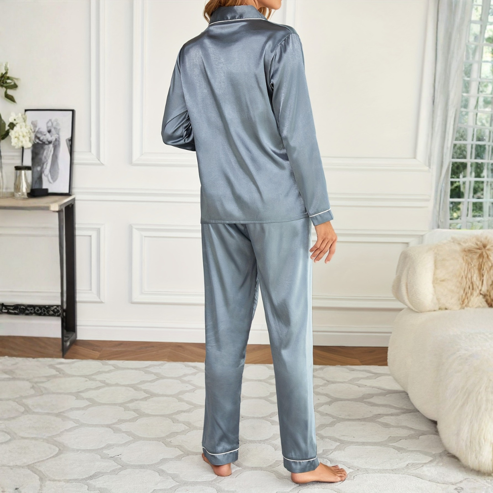 Solid Long Sleeve Button Up Lapel Top And Pants Women Sleepwear Set