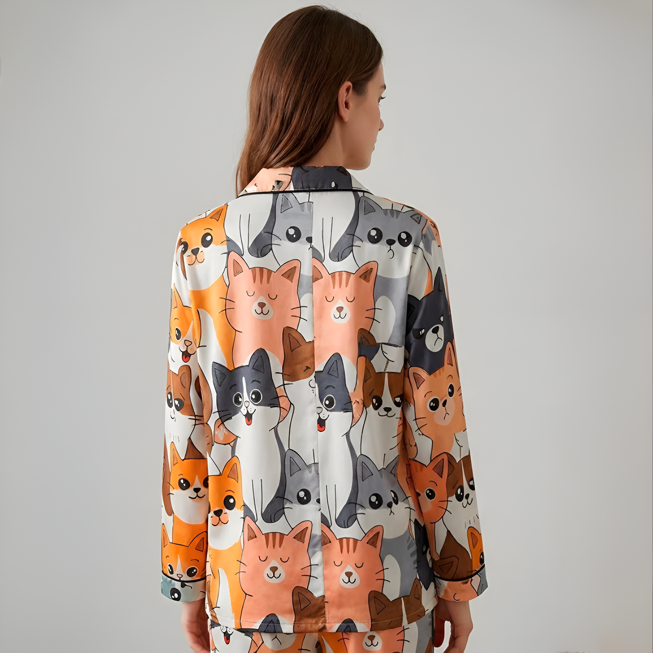 Long Sleeve Women Cat Print Matching Pajama Set