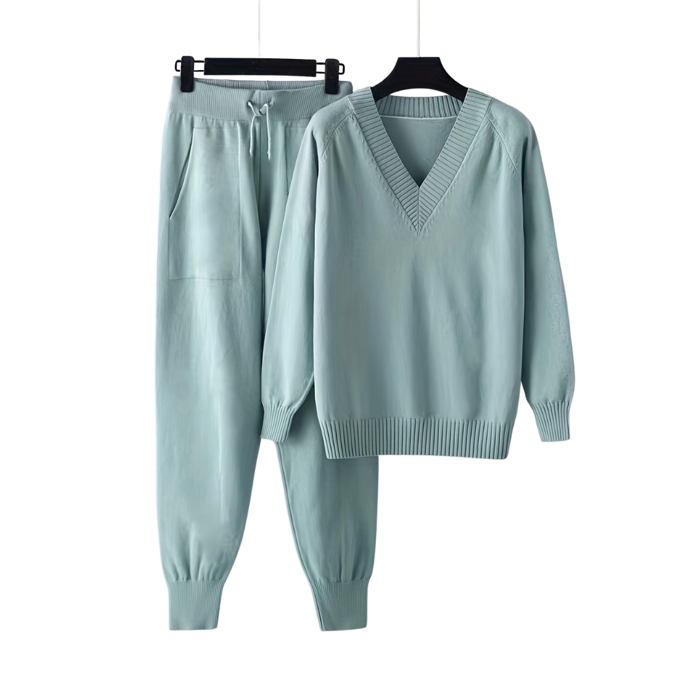 V Collar Knit Sweater Pant Set