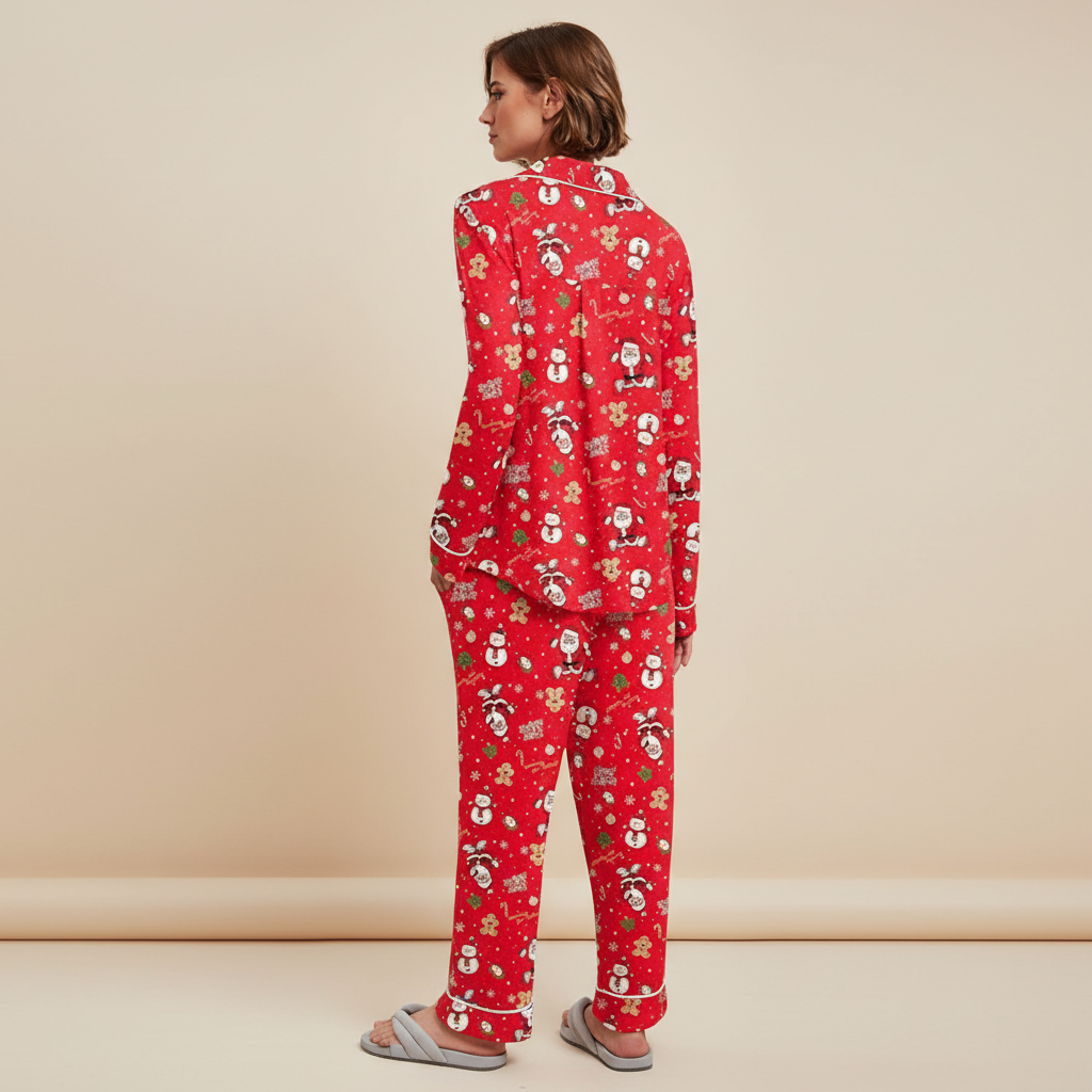 Soft Long Sleeve Pajama Set Button Front Sleepwear For Women