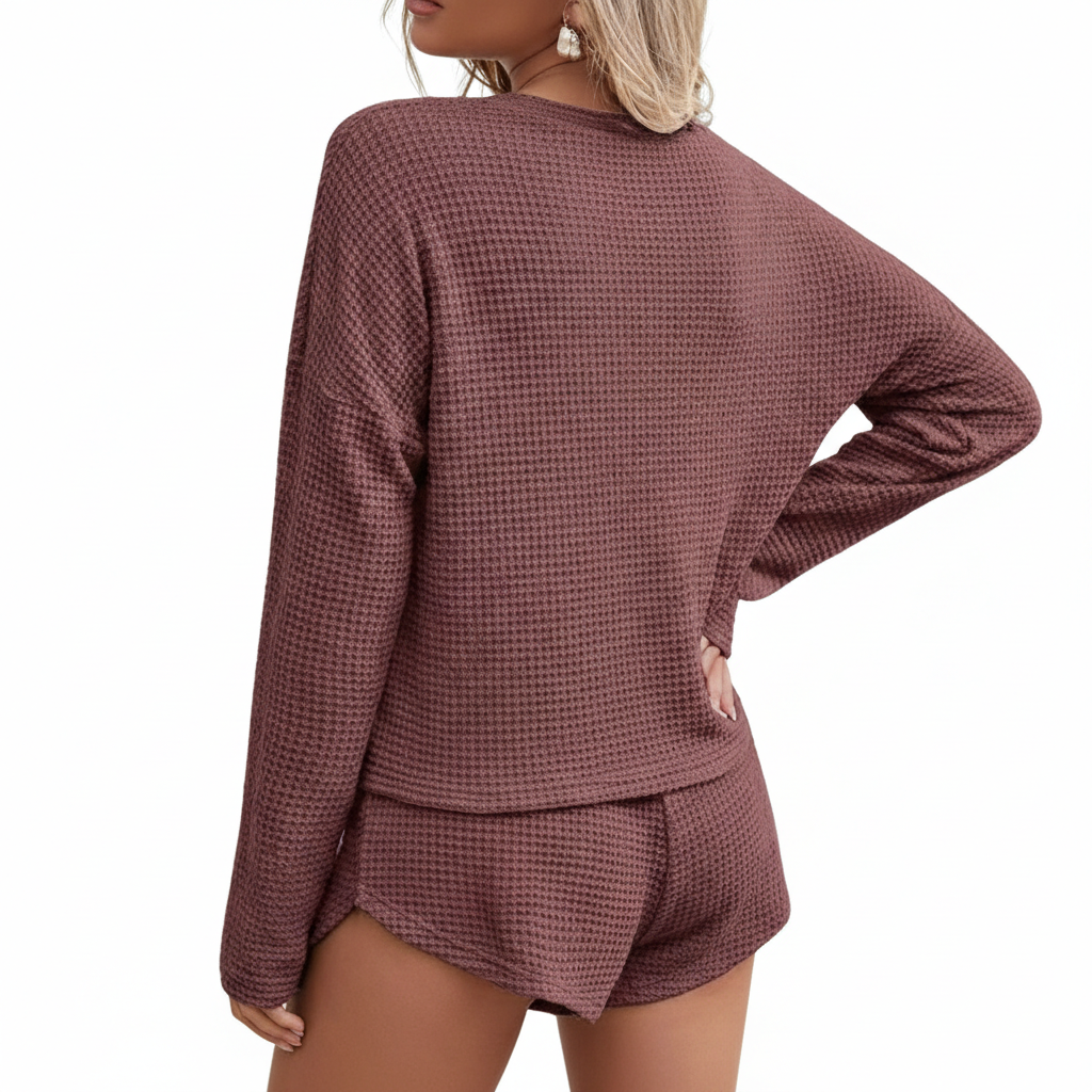 Waffle Knit Two Piece Lounge Set With Long Sleeve Top And Shorts