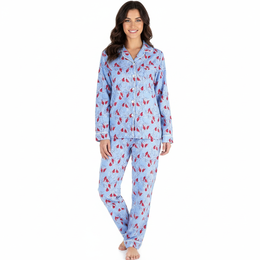 Flannel Button Down Long Sleeve Pajama Set For Women