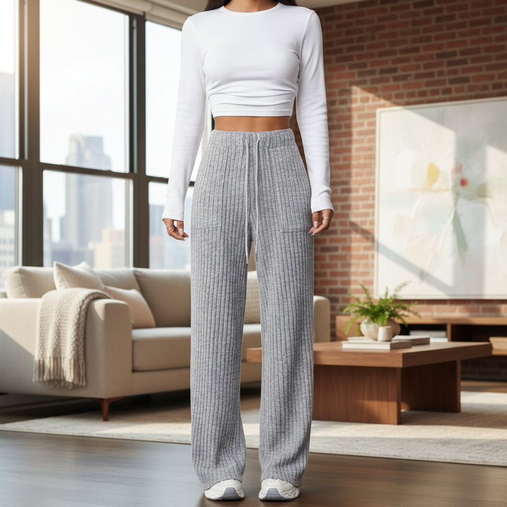 Ribbed Knit Lounge Pants With Pockets