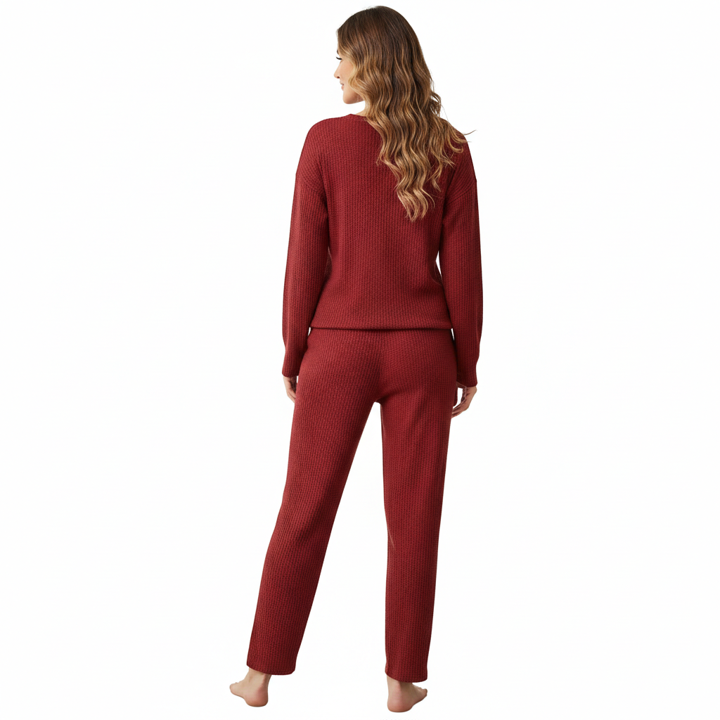 Waffle Knit Long Sleeve 2 Piece Lounge Wear Pajama Set For Women