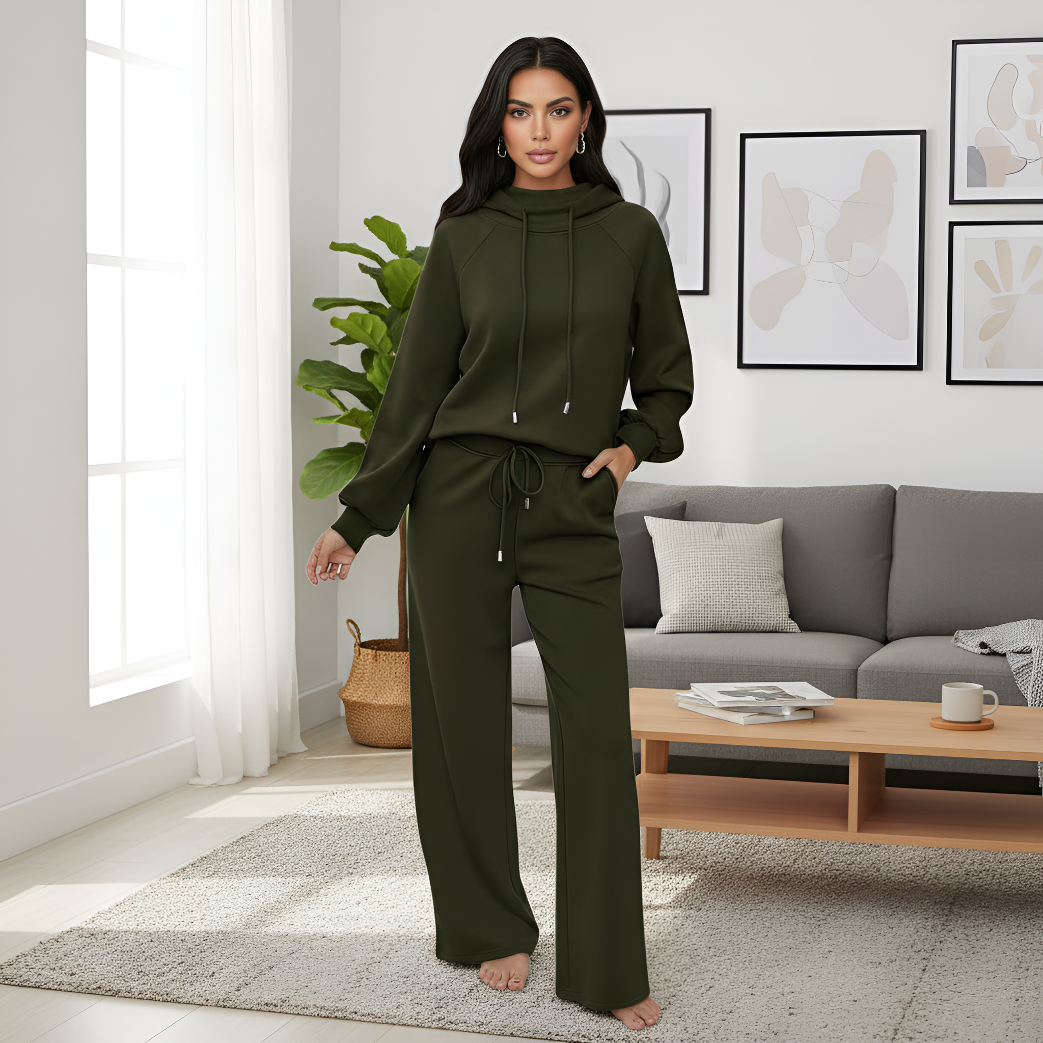 Two Piece Lounge Set With Drawstring Top And Matching Wide Pants For Women