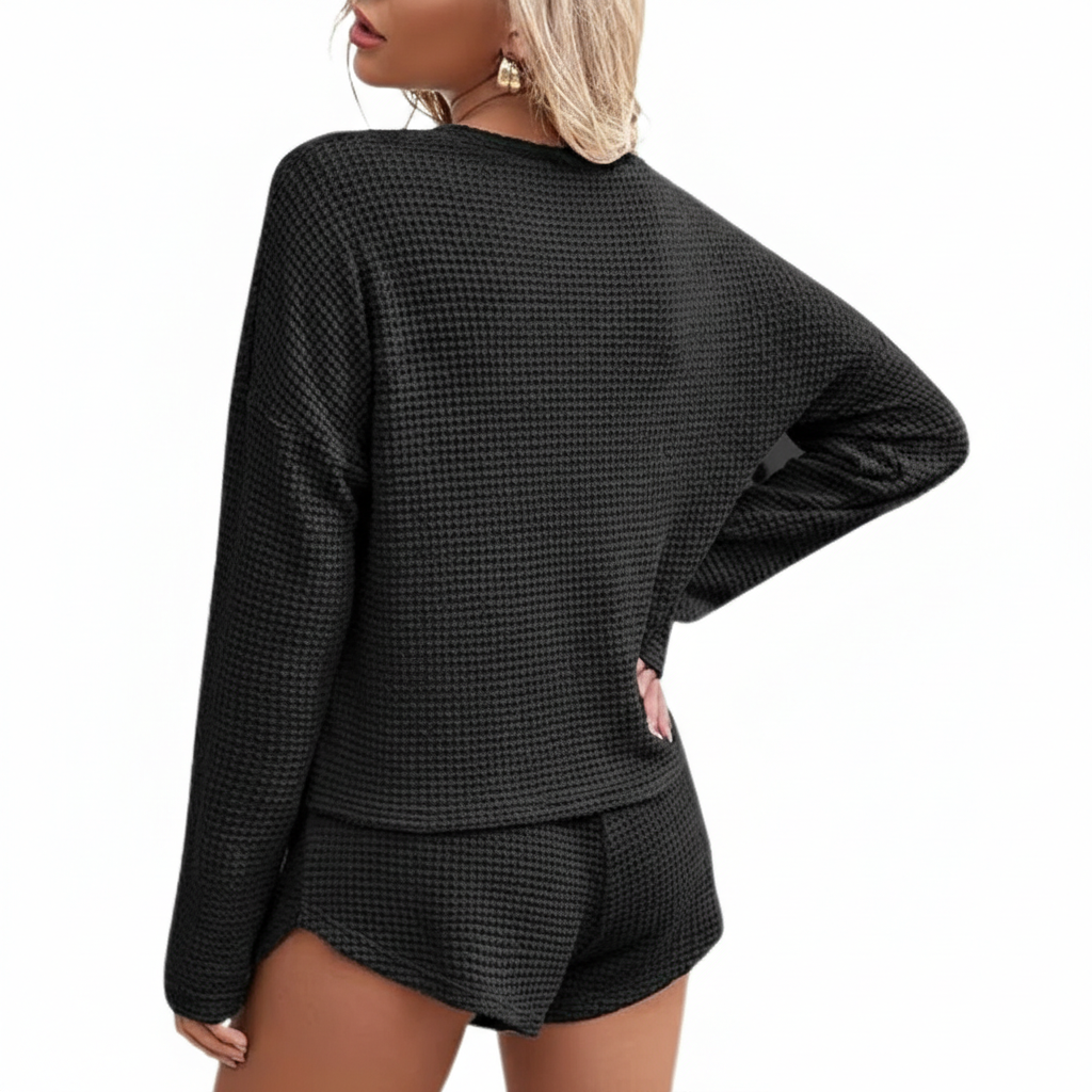 Waffle Knit Two Piece Lounge Set With Long Sleeve Top And Shorts