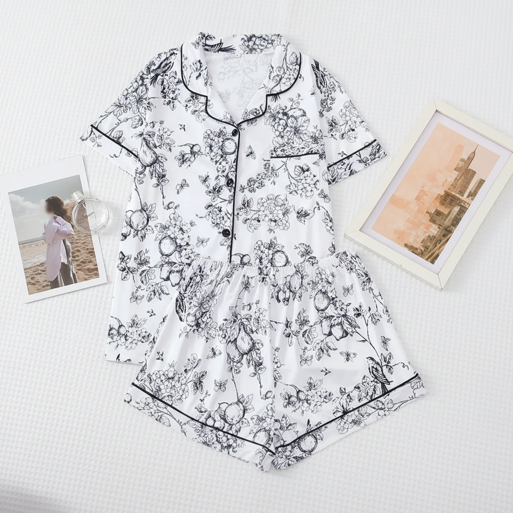Floral Print Lapel Short Sleeve Pajama Set For Women