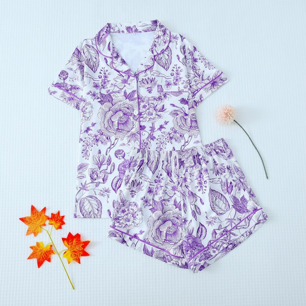 Floral Print Lapel Short Sleeve Pajama Set For Women