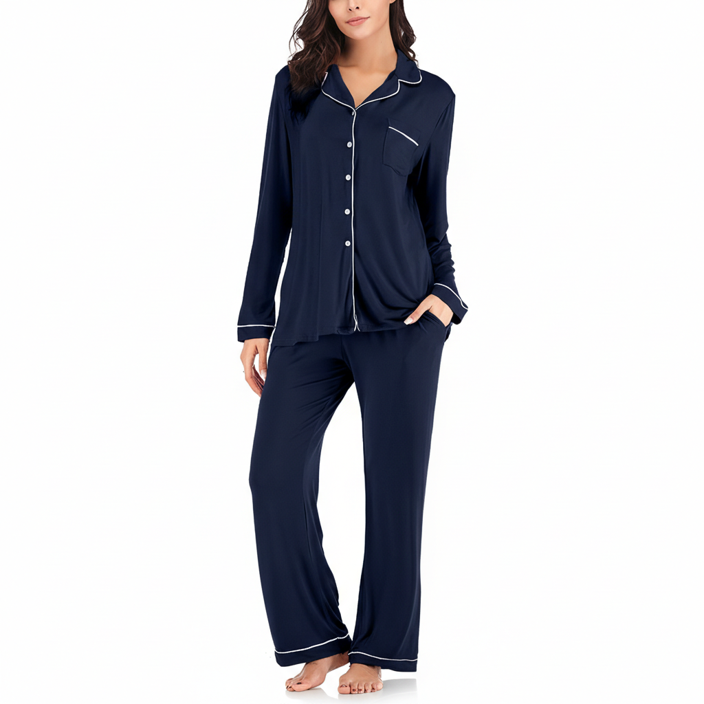 Long Sleeve Button Down Pajama Set Lounge Sleepwear For Women